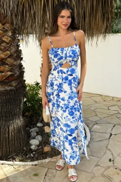 Blue And White Floral Print Strappy Cut Out Midi Dress