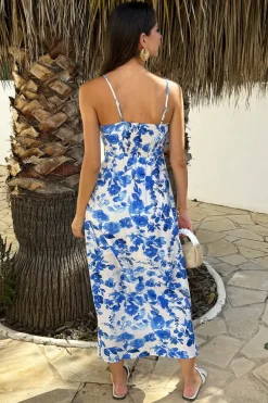 Blue And White Floral Print Strappy Cut Out Midi Dress