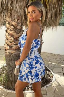 Blue And White Floral Print Racer Neck Playsuit