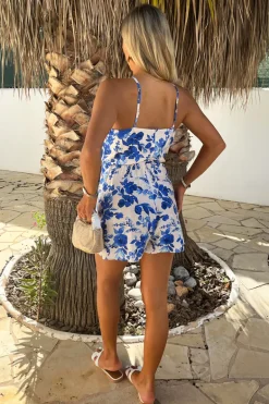 Blue And White Floral Print Racer Neck Playsuit