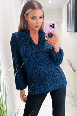 Blue Animal Print Long Sleeve Blouse