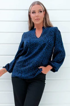Blue Animal Print Long Sleeve Blouse
