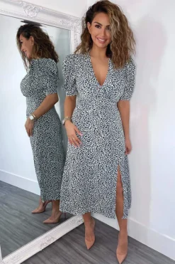 Blue Animal Print Pleated Sleeve Midi Dress