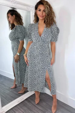 Blue Animal Print Pleated Sleeve Midi Dress