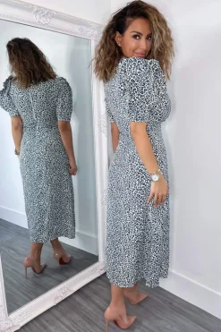 Blue Animal Print Pleated Sleeve Midi Dress