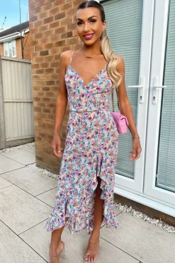 Blue Floral Frill Hem Strappy Midi Dress