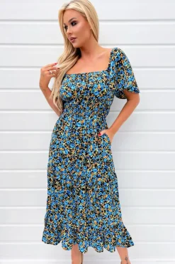 Blue Floral Printed Flutter Sleeve Midi Smock Dress
