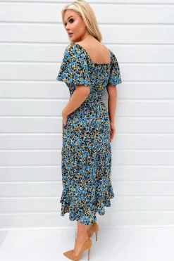 Blue Floral Printed Flutter Sleeve Midi Smock Dress