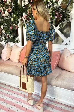 Blue Floral Printed Puff Sleeve Frill Hem Mini Dress