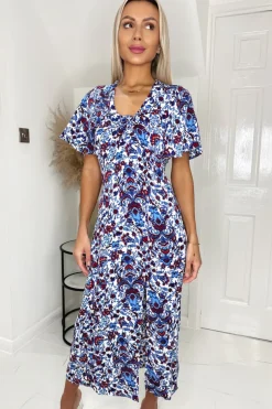 Blue Floral V Neck Tie Detail Short Sleeve Midi Dress With Split