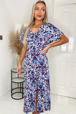 Blue Floral V Neck Tie Detail Short Sleeve Midi Dress With Split