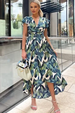 Blue Leaf Print Short Sleeve Belted Wrap Midi Dress
