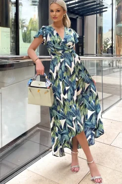 Blue Leaf Print Short Sleeve Belted Wrap Midi Dress