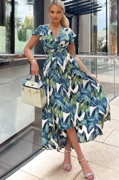 Blue Leaf Print Short Sleeve Belted Wrap Midi Dress
