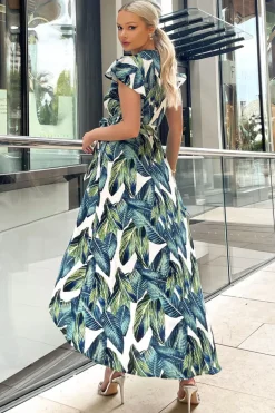 Blue Leaf Print Short Sleeve Belted Wrap Midi Dress