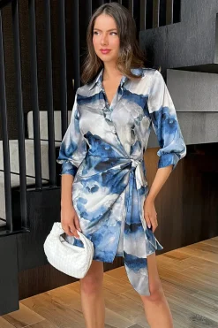Blue Marble Print Gathered Wrap Shirt Mini Dress