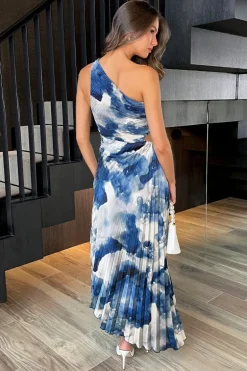 Blue Marble Print One Shoulder Cut Out Pleated Midi Dress