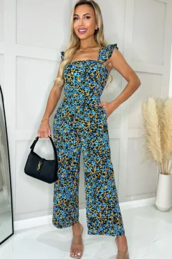 Blue Multi Floral Printed Frill Straps Jumpsuit