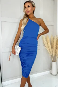 Blue One Strap Ruched Bodycon Dress