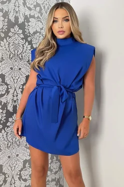 Blue Padded Shoulder Belted Mini Dress
