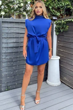 Blue Padded Shoulder Belted Mini Dress