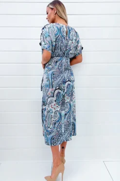 Blue Paisley Printed High Low Midi Dress