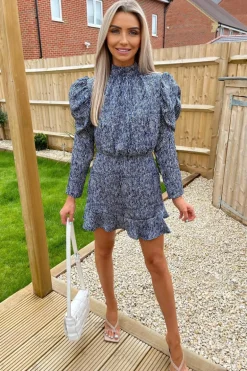 Blue Printed Puff Sleeve Skater Dress