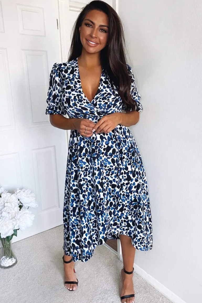 Blue Printed Wrap Tie Midi Dress
