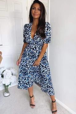 Blue Printed Wrap Tie Midi Dress