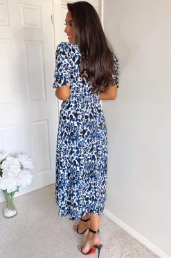 Blue Printed Wrap Tie Midi Dress