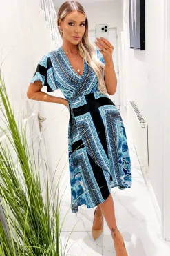 Blue Scarf Printed Short Sleeve Wrap Midi Dress