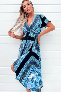 Blue Scarf Printed Short Sleeve Wrap Midi Dress