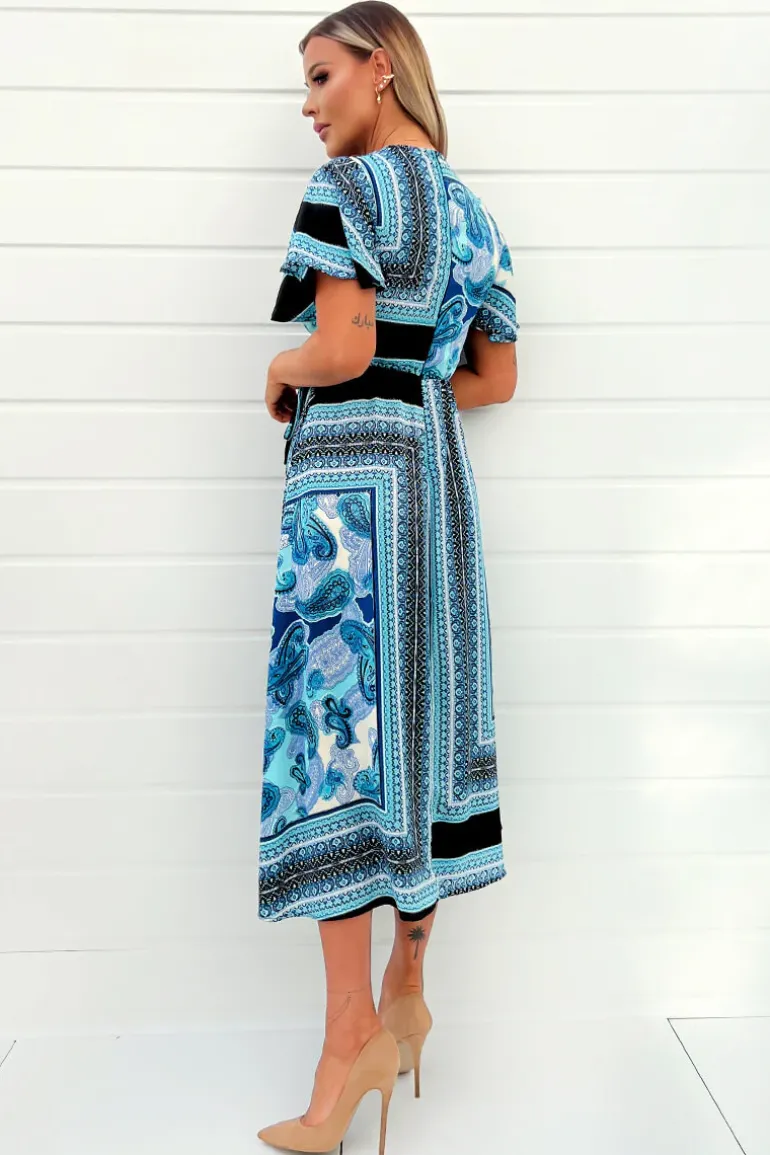 Blue Scarf Printed Short Sleeve Wrap Midi Dress