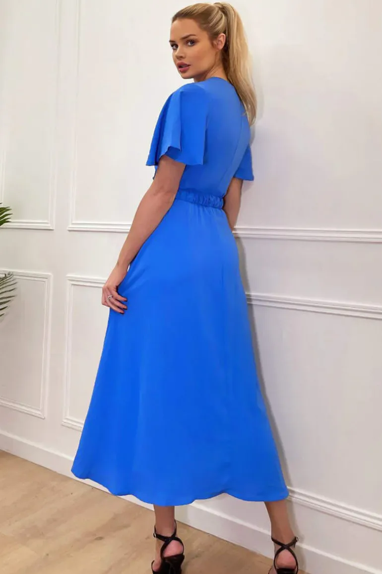 Blue Short Sleeve Belted Wrap Midi Dress