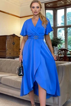 Blue Short Sleeve Belted Wrap Midi Dress