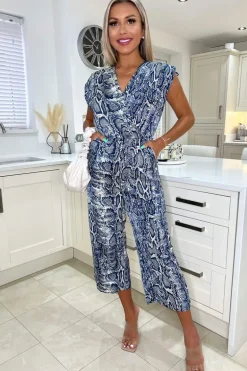 Blue Snake Print Culotte Jumpsuit