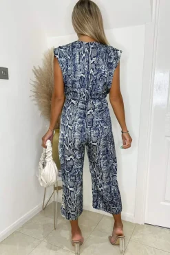 Blue Snake Print Culotte Jumpsuit