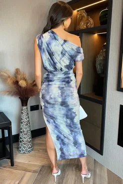 Blue Watercolour Print Off The Shoulder Draped Top Mesh Midi Dress