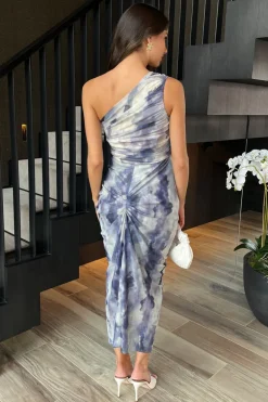 Blue Watercolour Print One Shoulder Knot Skirt Mesh Midi Dress