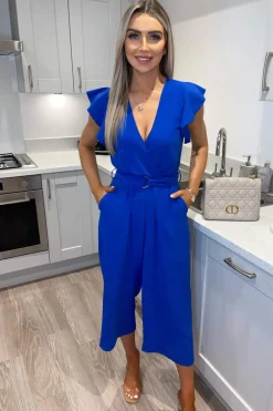 Blue Wrap Front Belted Jumpsuit