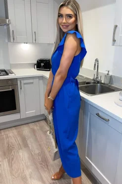 Blue Wrap Front Belted Jumpsuit