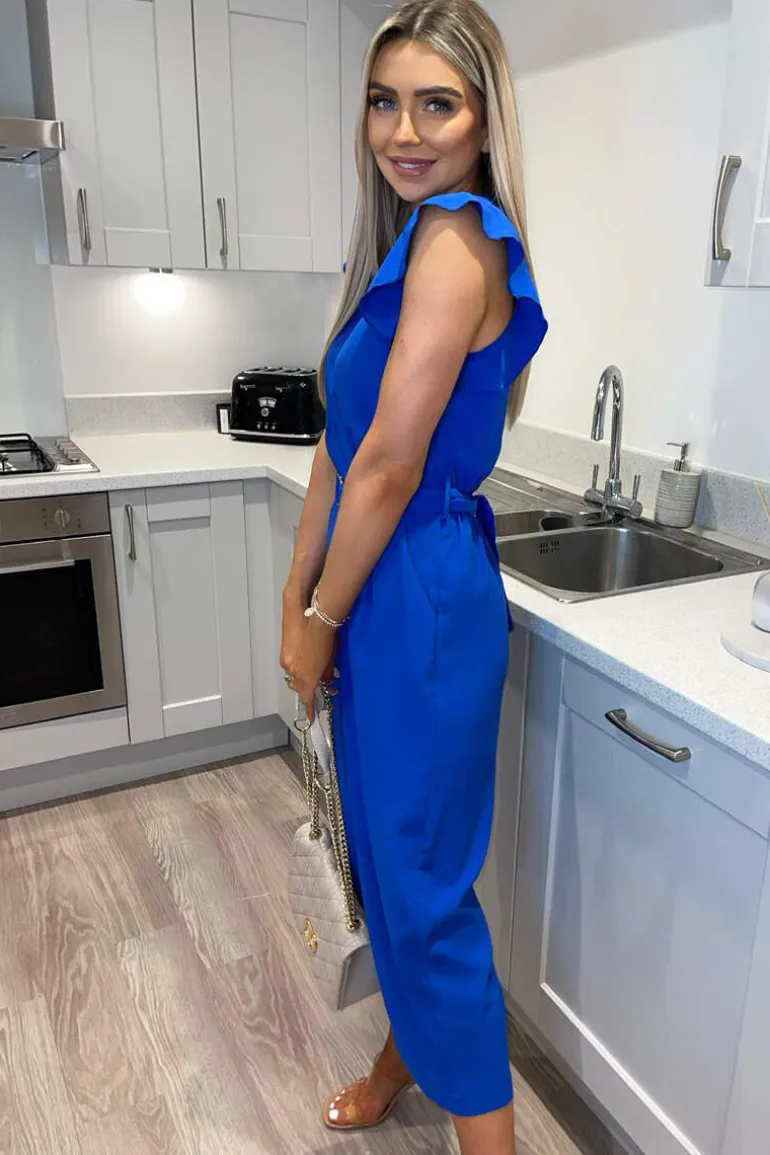 Blue Wrap Front Belted Jumpsuit