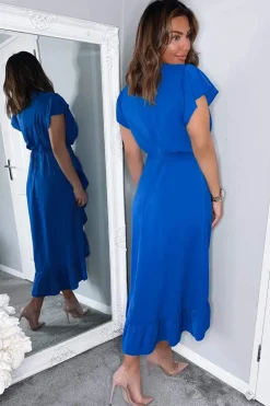 Blue Wrap Over Frill Hem Short Sleeve Midi Dress