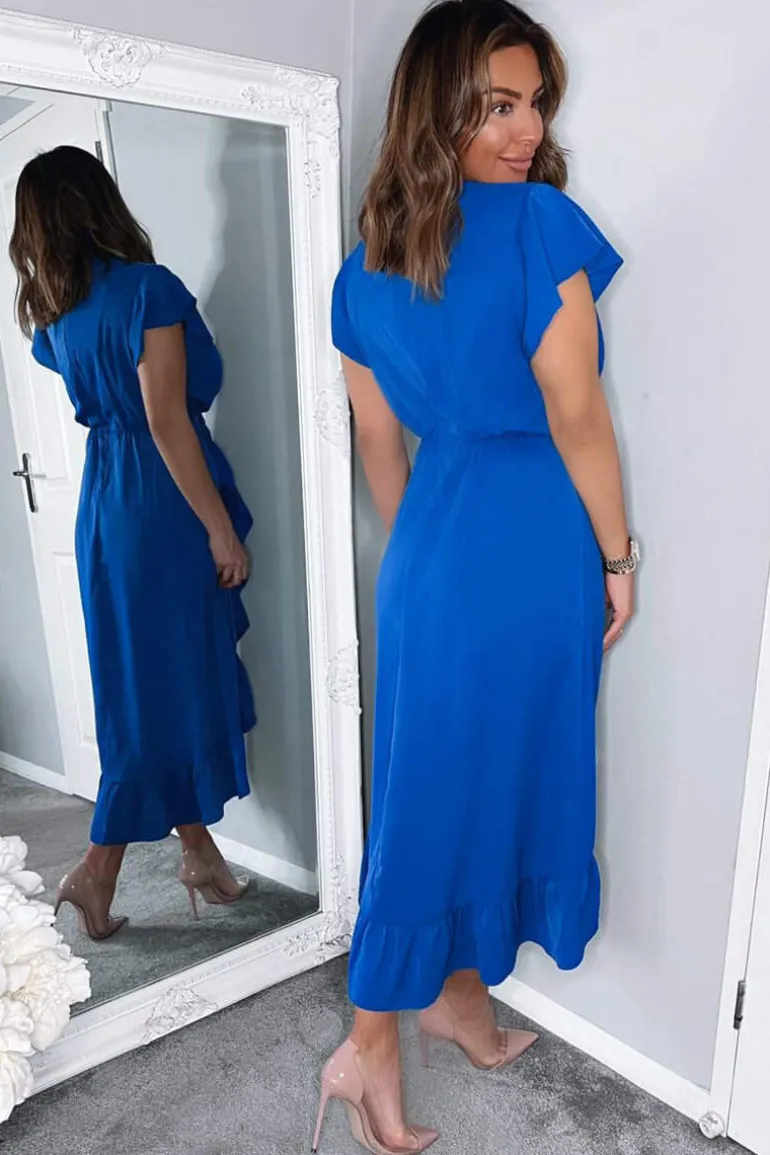 Blue Wrap Over Frill Hem Short Sleeve Midi Dress