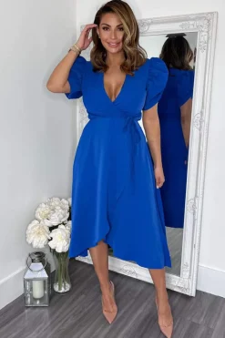 Blue Wrap Over Tie Midi Dress
