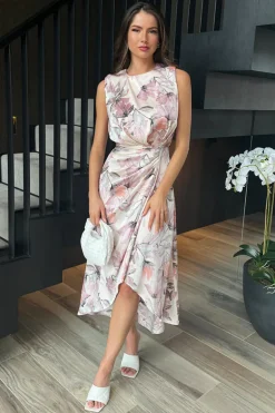 Blush Floral Print Gathered Midi Dress With Shoulder Pads