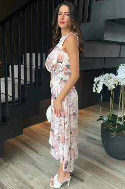 Blush Floral Print Gathered Midi Dress With Shoulder Pads