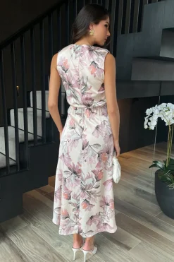 Blush Floral Print Gathered Midi Dress With Shoulder Pads
