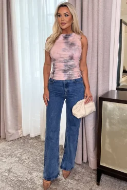 Blush Marble Print Mesh Cowl Neck Ruched Waist Top