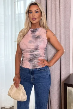 Blush Marble Print Mesh Cowl Neck Ruched Waist Top